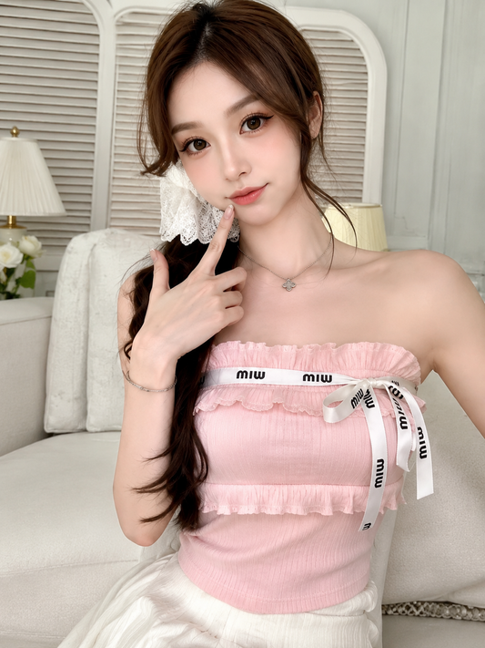 Ruffled Typography-Ribbon Tube Top
