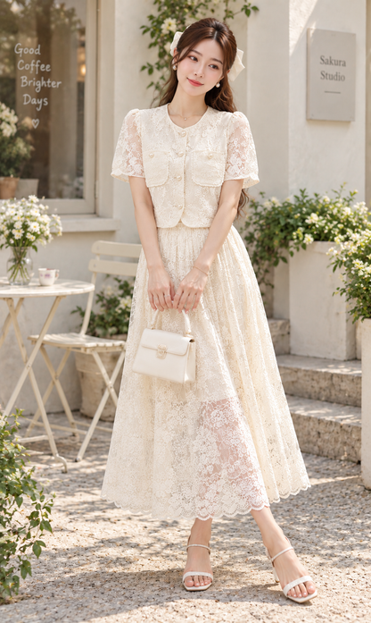 Floral Lace Cropped Jacket and Midi Skirt Co-ord Set
