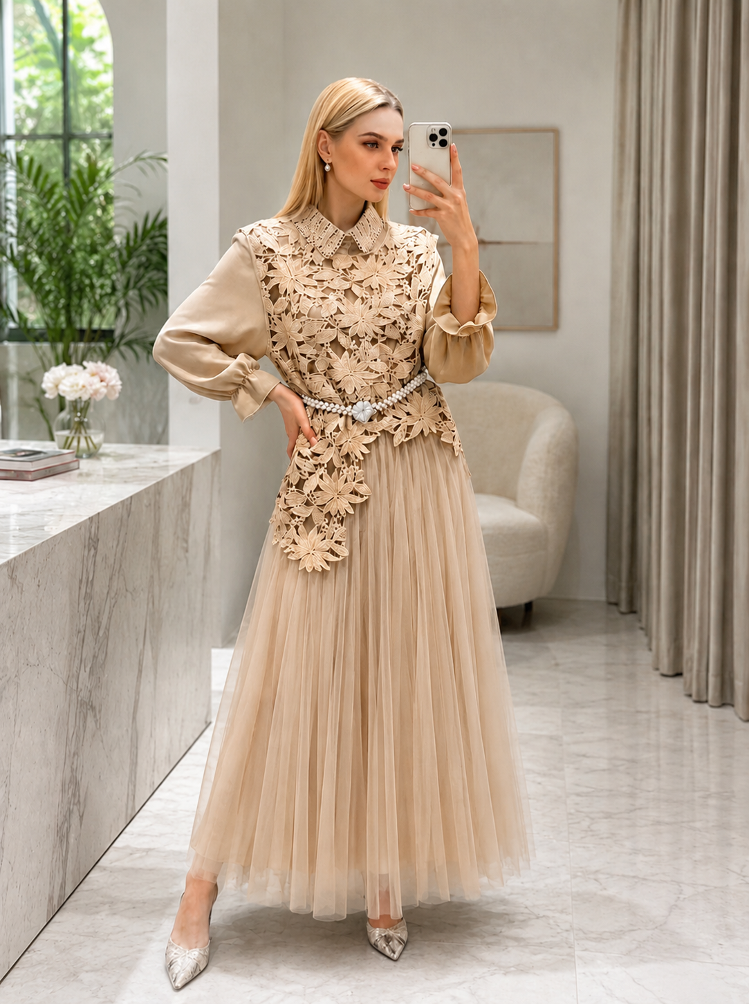 Floral Guipure Lace Overlay Pleated Co-Ord Set