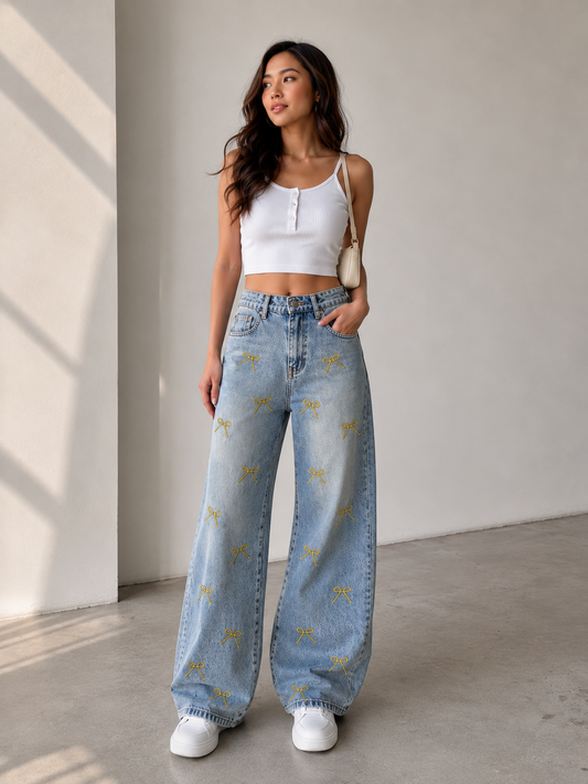 Embroidered Bow Wide-Leg Jeans