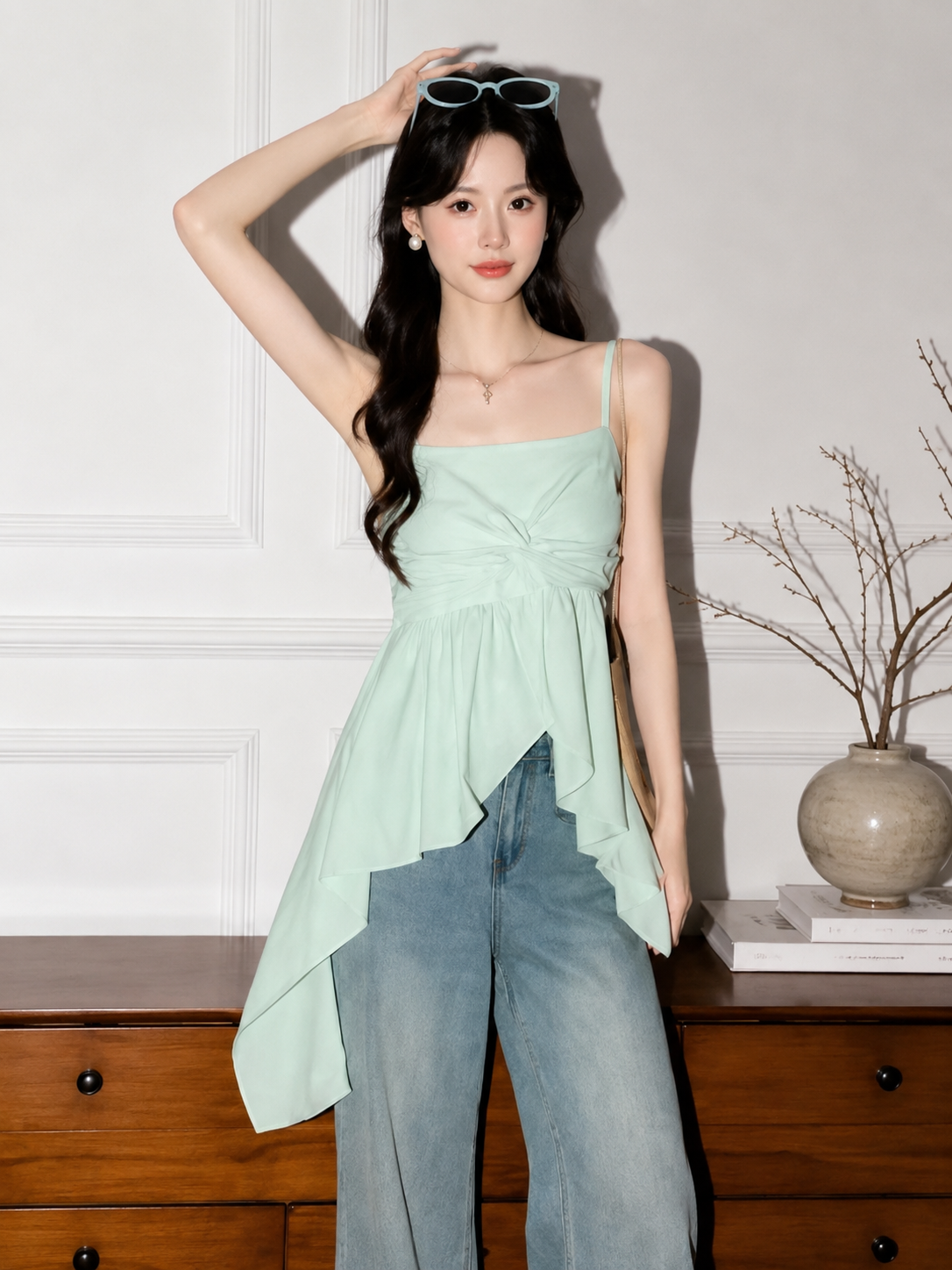 Twist-Front Asymmetric Cami Peplum Top