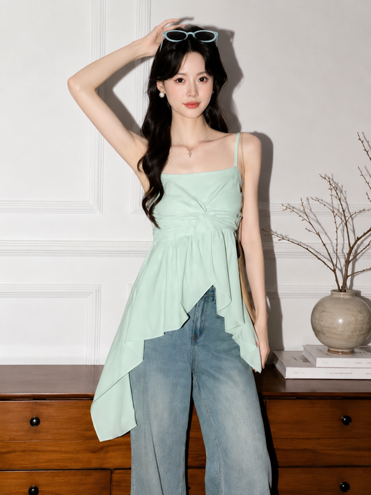 Twist-Front Asymmetric Cami Peplum Top