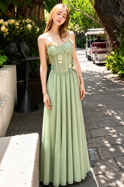 3D Floral Applique Corset Maxi Dress