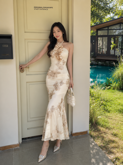 3D Floral Applique Halter Mermaid Gown