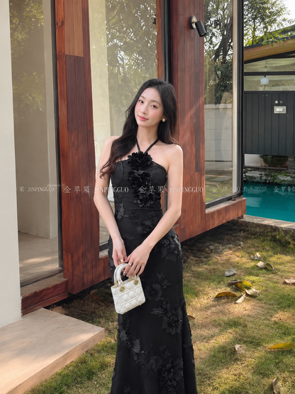 3D Floral Applique Halter Mermaid Gown