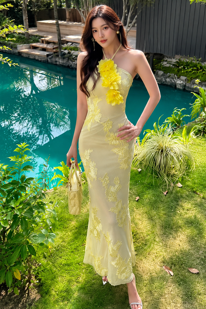 3D Floral Applique Halter Mermaid Gown