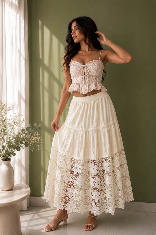 Tiered Floral Lace Maxi Skirt