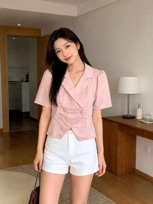 Double-Breasted Asymmetric Hem Short-Sleeve Top