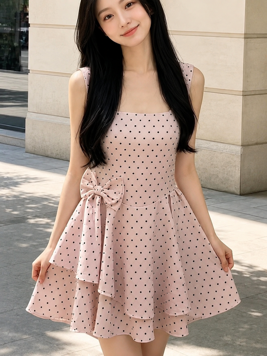 Polka Dot Bow Accent Tiered Mini Padded Dress