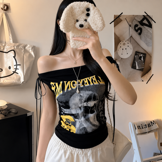 Y2K Graphic Drawstring Ruched Tank Top