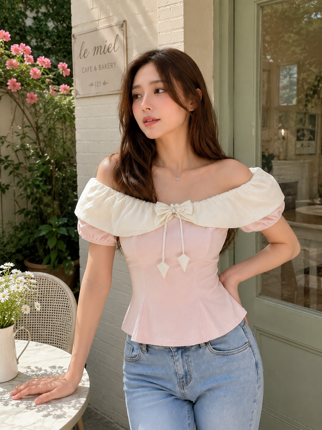 Ruched Trim Bow Accent With Stone Peplum Top