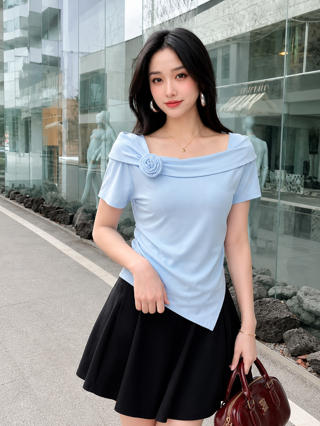 3D Rosette Detail Asymmetric Hem Top