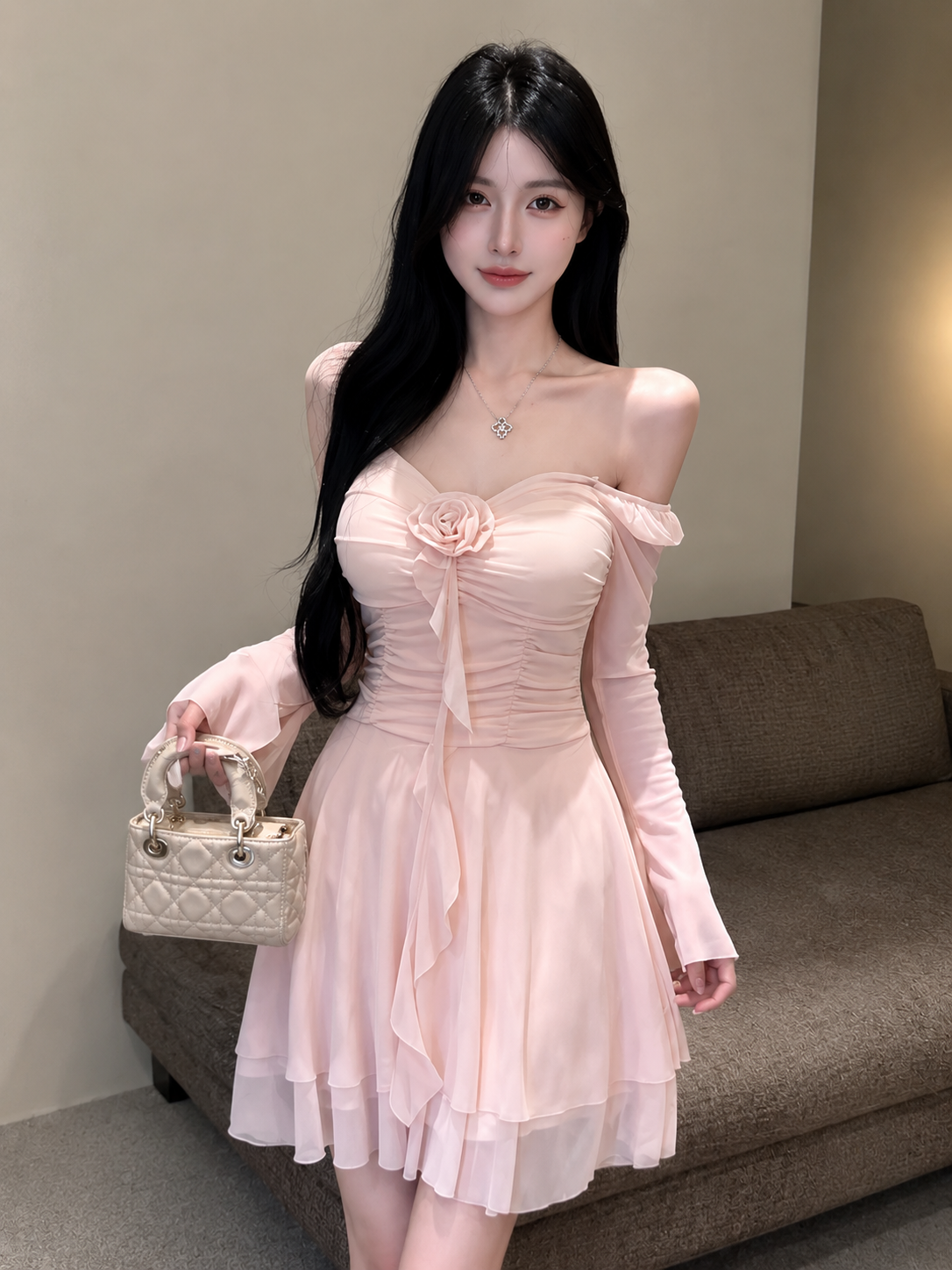 3D Rosette Ruched Chiffon Skater Mini Dress