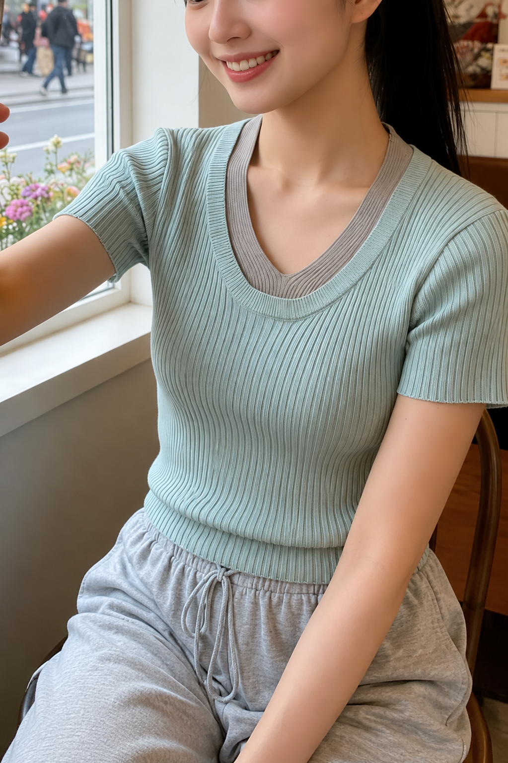 Faux Ribbed V-Neck Knit Tee