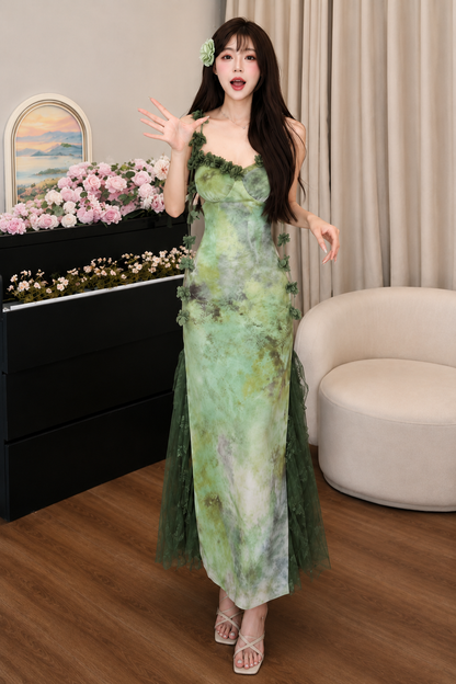 3D Floral Appliqué Watercolor Mermaid Maxi Dress