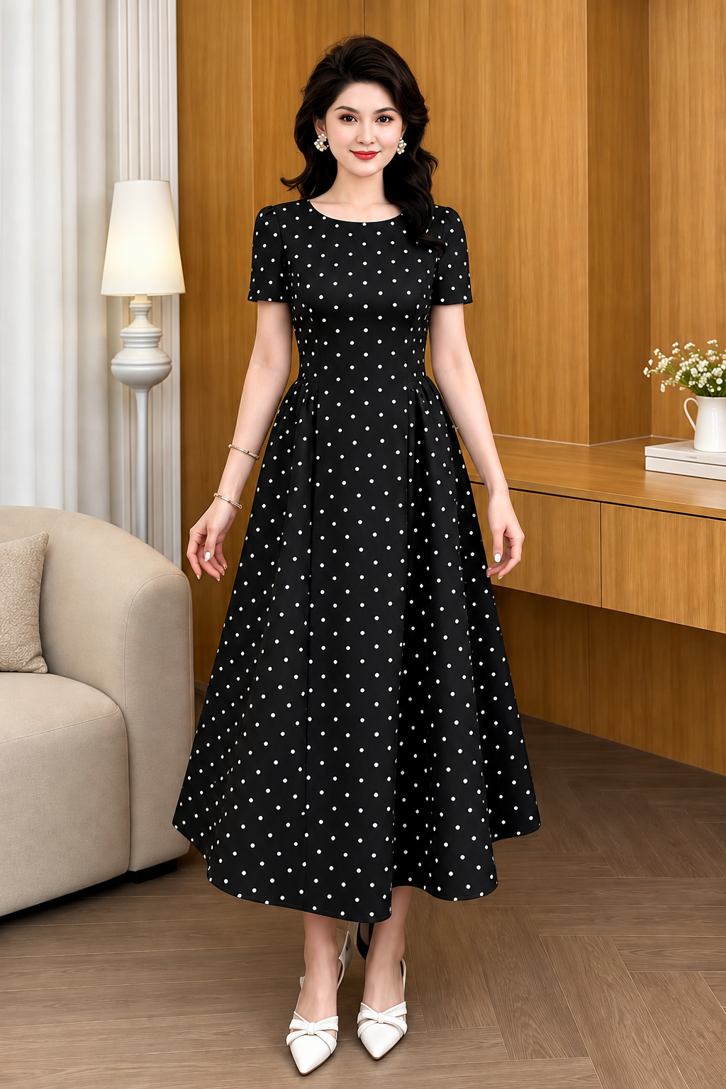 Vintage Polka Dot Pleated A-Line Midi Dress