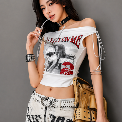 Y2K Graphic Drawstring Ruched Tank Top