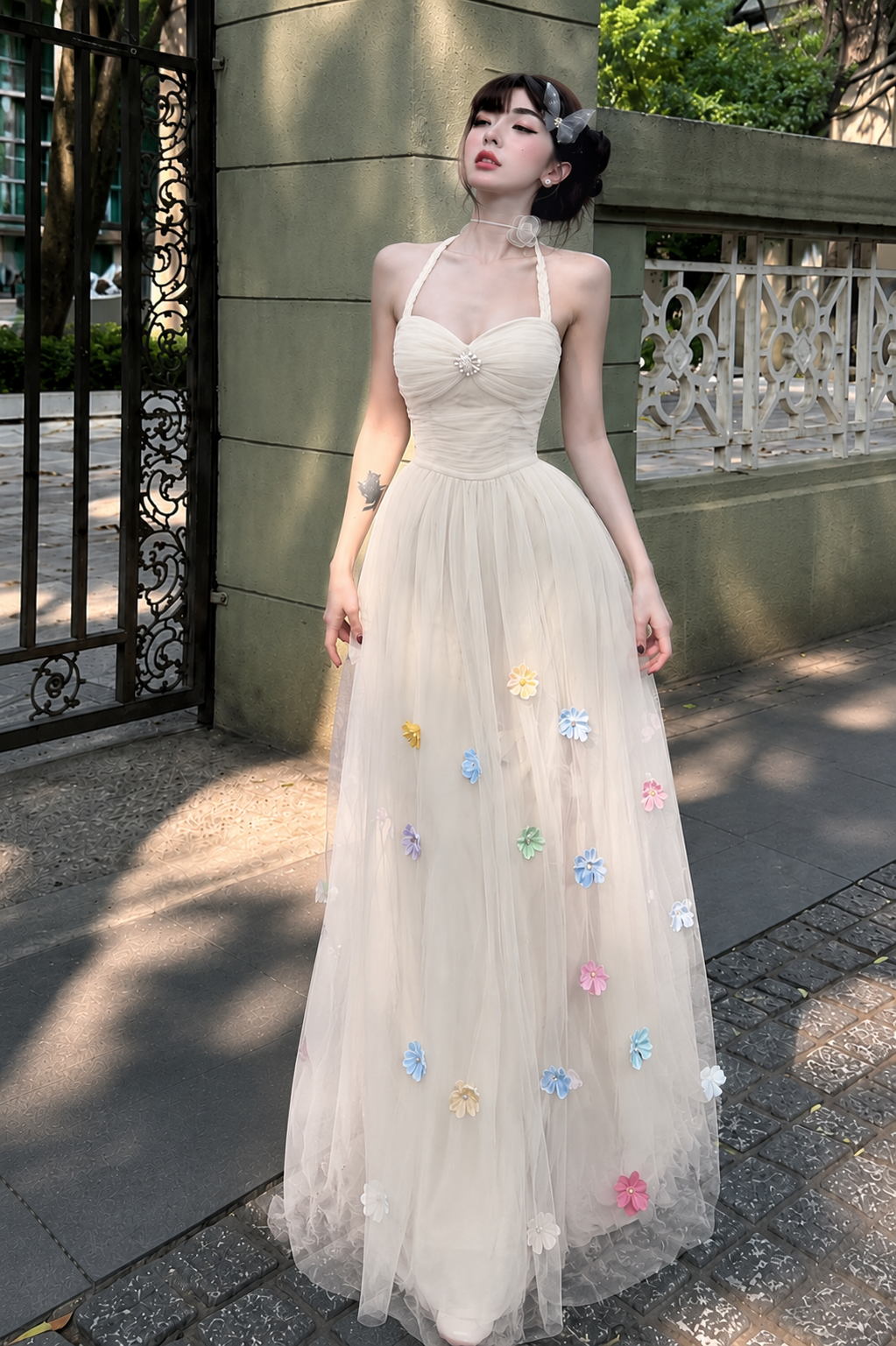 3D Floral Applique Mesh Halter Maxi Dress