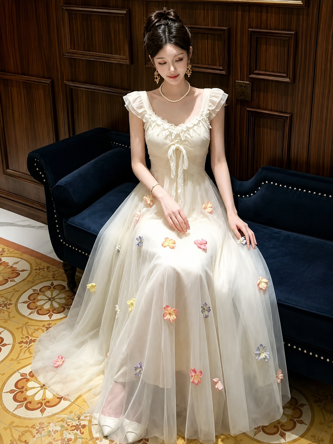 3D Floral Applique Ruffle Sleeve Maxi Dress