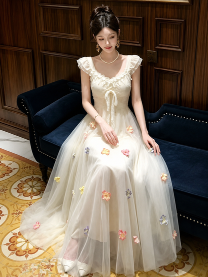 3D Floral Applique Ruffle Sleeve Maxi Dress