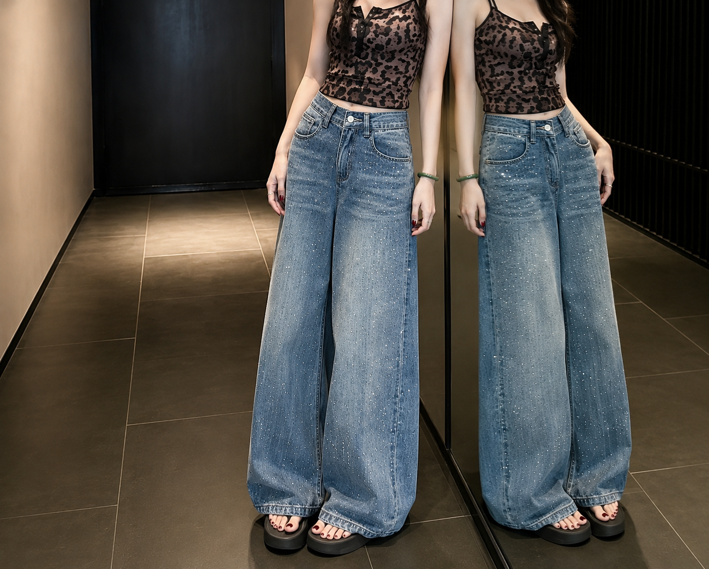 Rhinestone Embellished Wide-Leg Denim Jeans