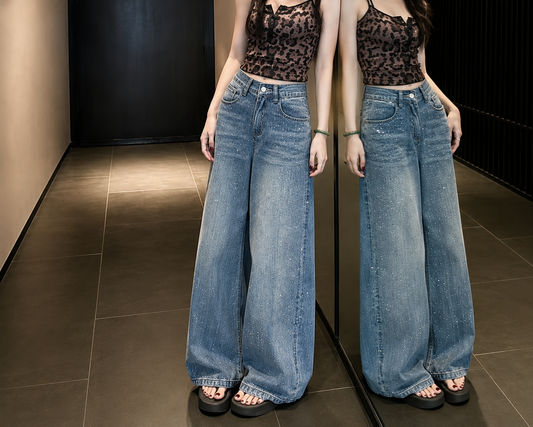 Rhinestone Embellished Wide-Leg Denim Jeans