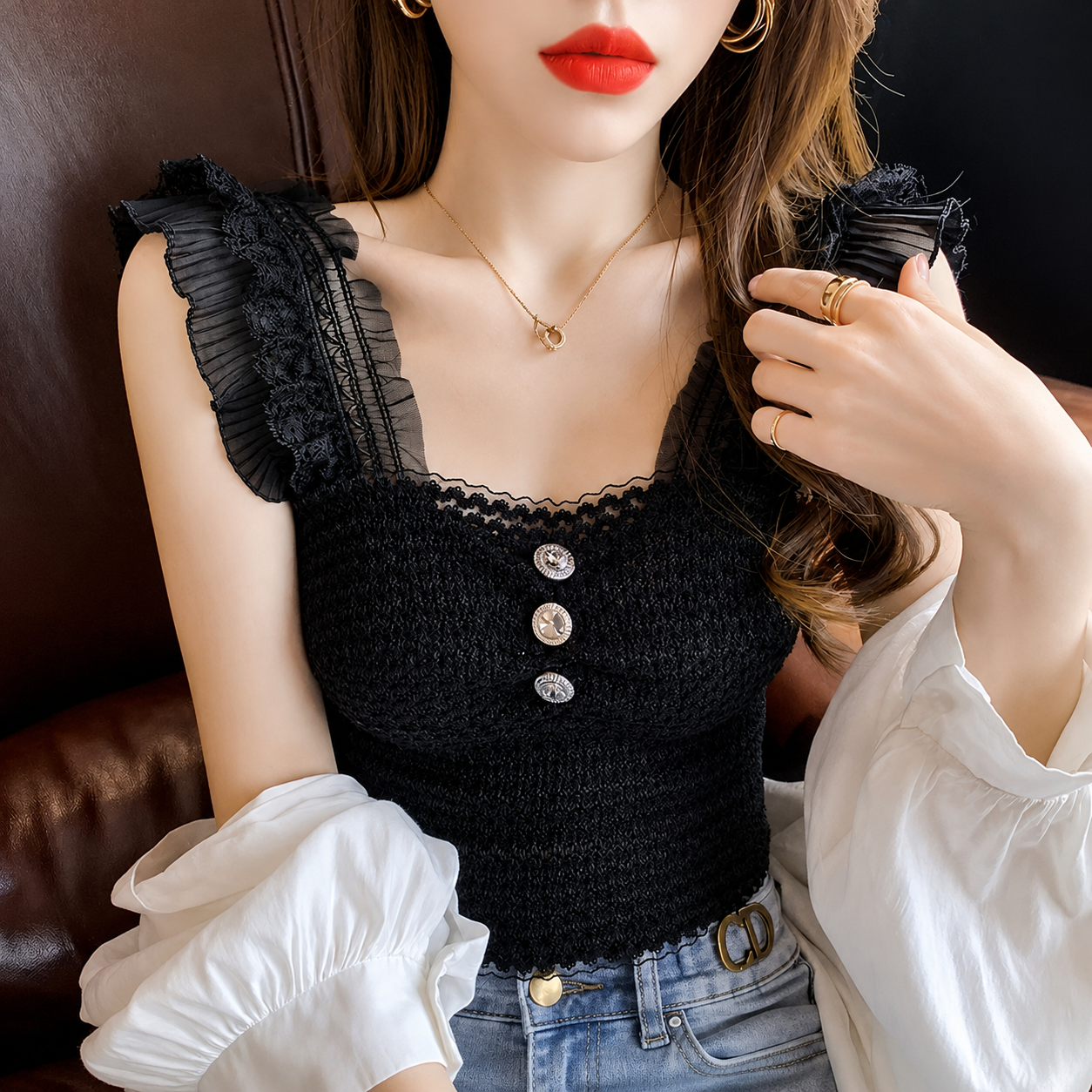 Smocked Lace Ruffle Trim Camisole Top