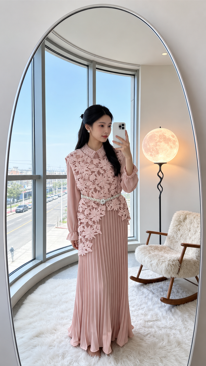Floral Guipure Lace Overlay Pleated Co-Ord Set