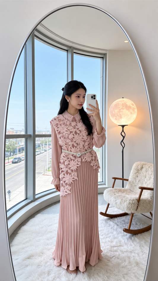 Floral Guipure Lace Overlay Pleated Co-Ord Set