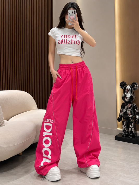 Wide-Leg Parachute Track Pants with Piping Accent