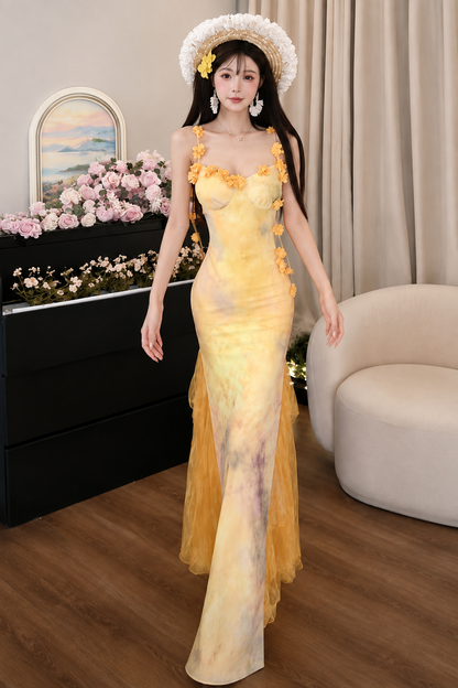 3D Floral Appliqué Watercolor Mermaid Maxi Dress