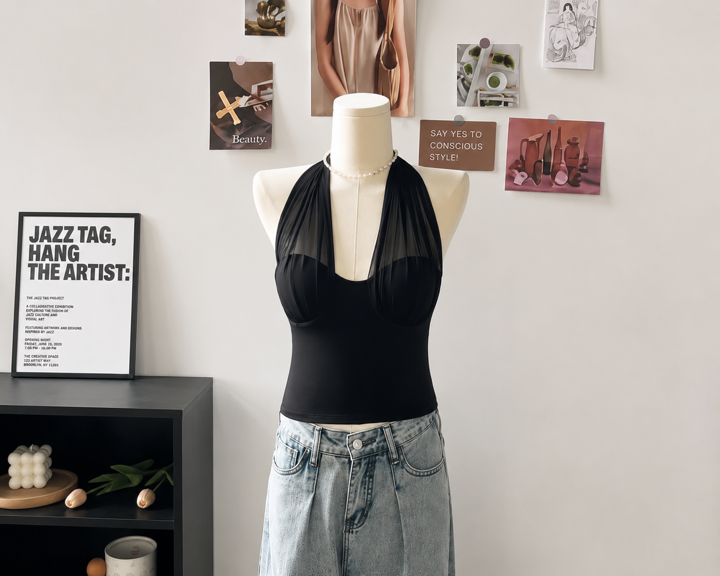 Sheer Mesh Draped Halter Padded Top