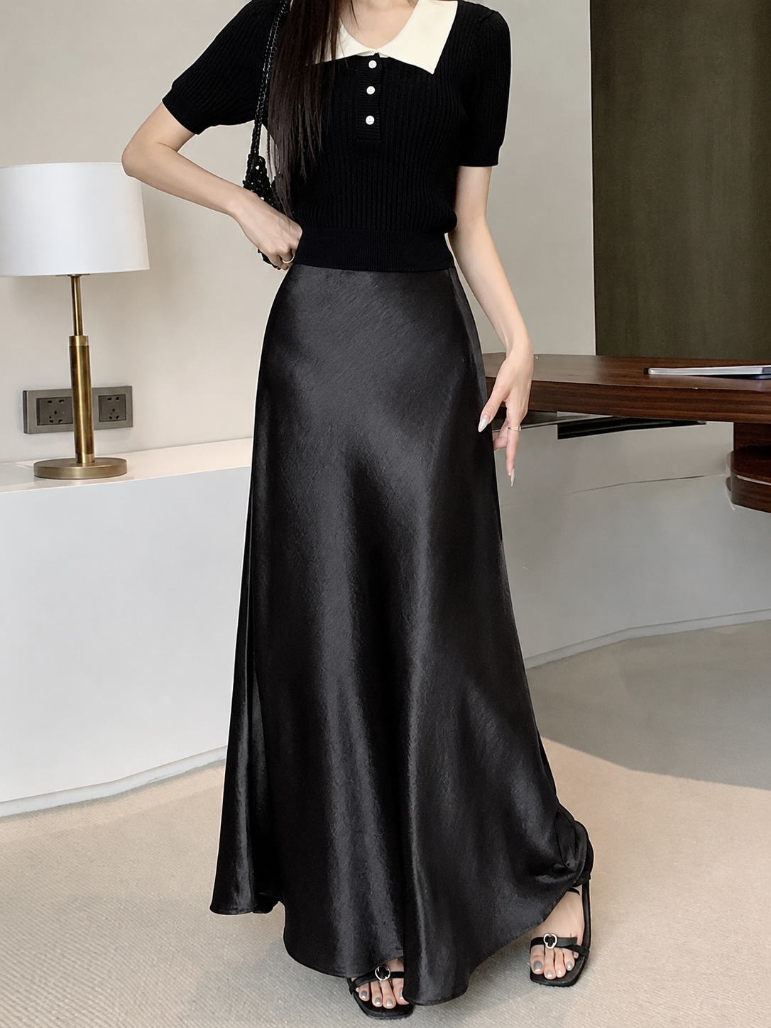 High-Waist Satin A-Line Maxi Slip Skirt