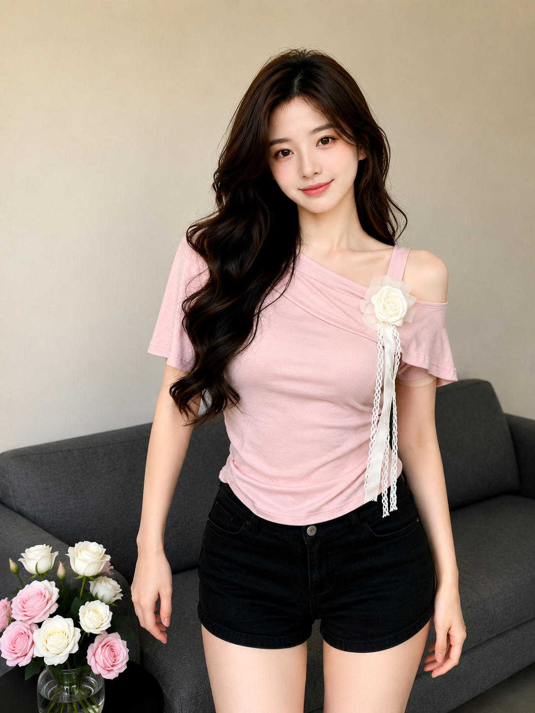 Floral Ribbon Accent Asymmetrical Off-Shoulder Tee