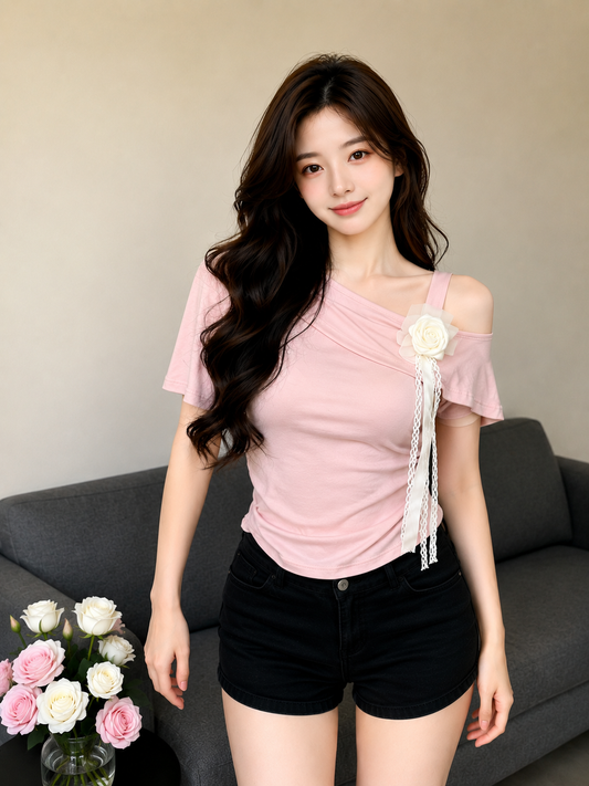 Floral Ribbon Accent Asymmetrical Off-Shoulder Tee