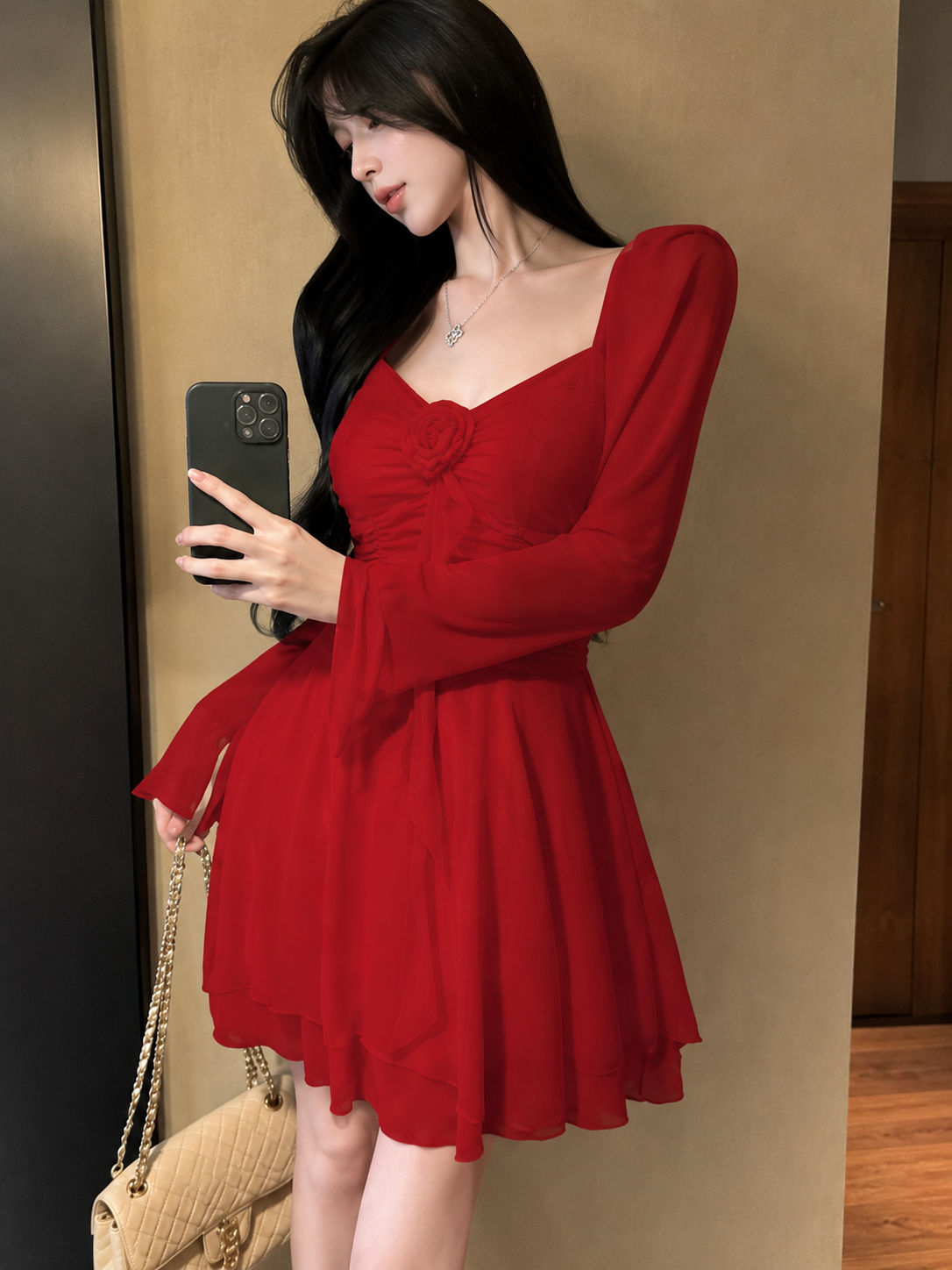 3D Rosette Ruched Chiffon Skater Mini Dress