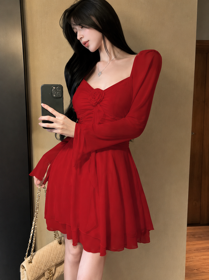3D Rosette Ruched Chiffon Skater Mini Dress