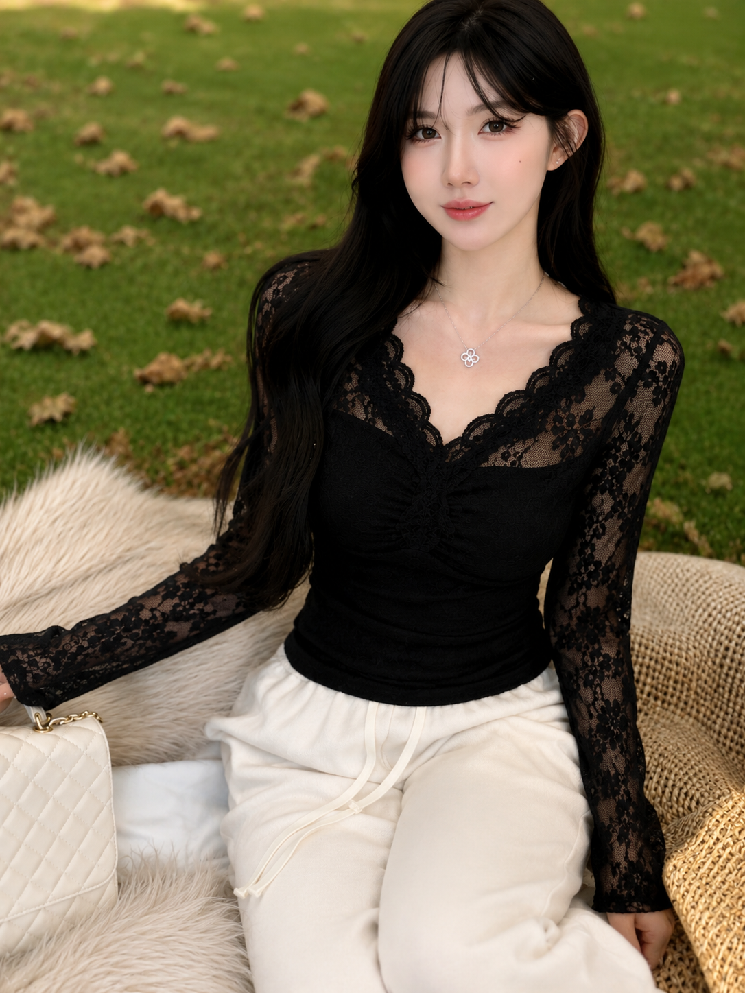 V-Neck Ruched Floral Lace Long-Sleeve Top