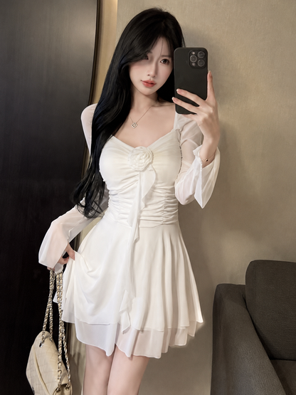 3D Rosette Ruched Chiffon Skater Mini Dress