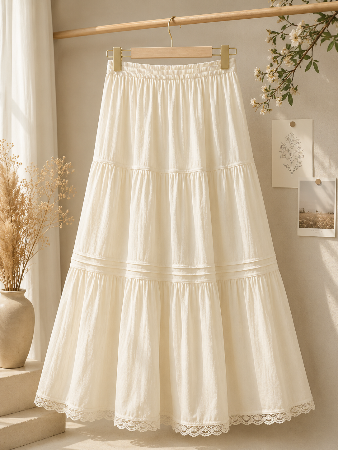 Lace-Trim Tiered Maxi Skirt