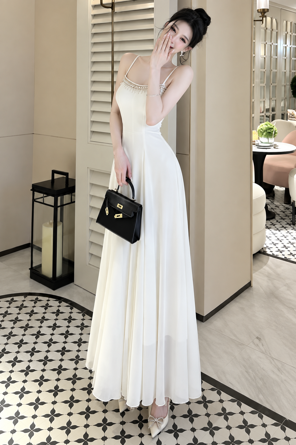 Crystal Beaded Sweetheart Chiffon Maxi Dress