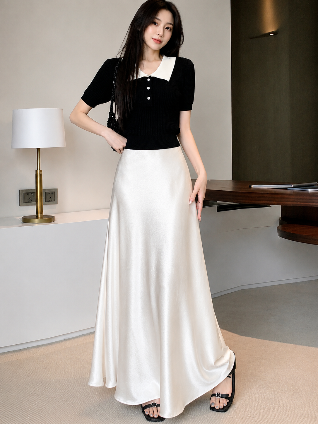 High-Waist Satin A-Line Maxi Slip Skirt