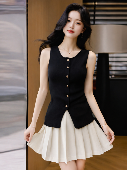 Button Ribbed Knit Waist Coat Top