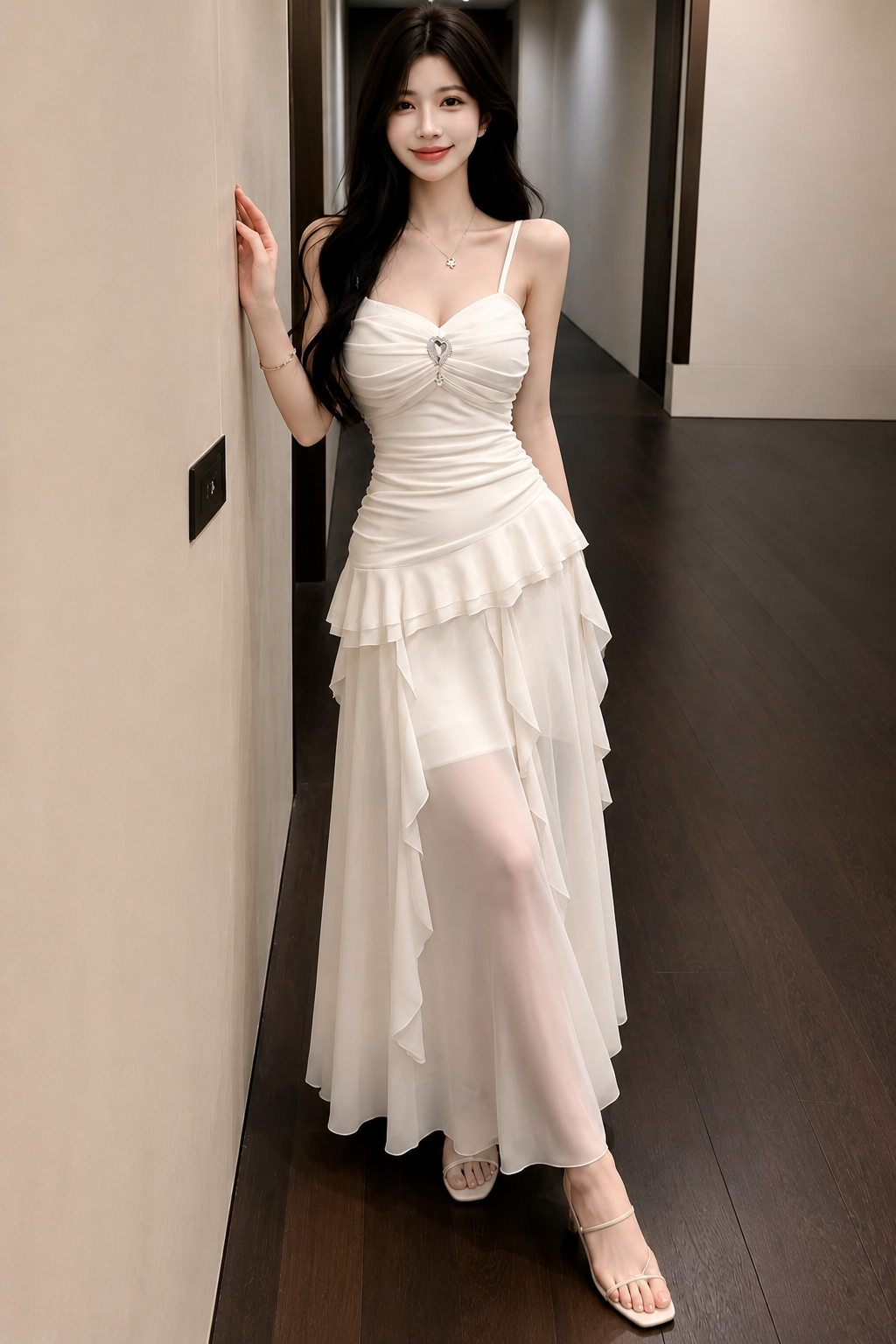 Crystal Brooch Ruched Ruffle Tiered Maxi Dress