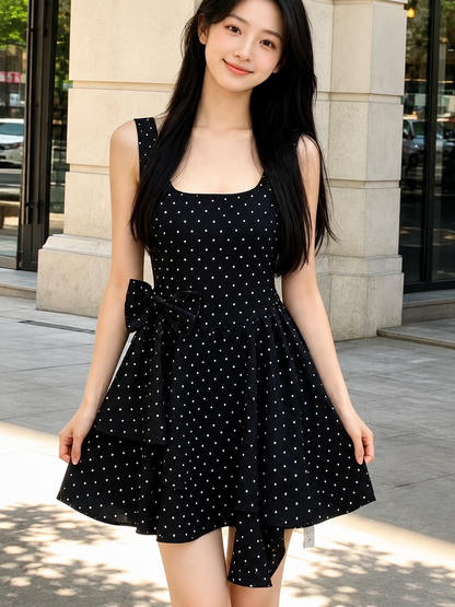 Polka Dot Bow Accent Tiered Mini Padded Dress