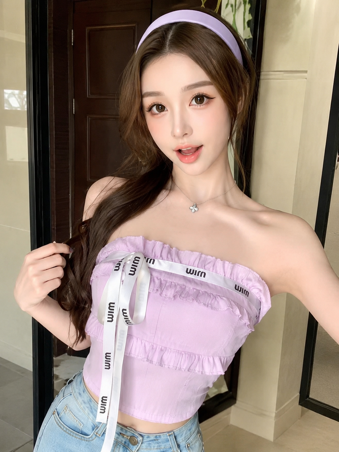 Ruffled Typography-Ribbon Tube Top