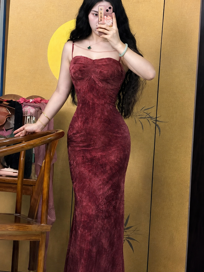 Velvet Bustier Ruched Mermaid Maxi Dress