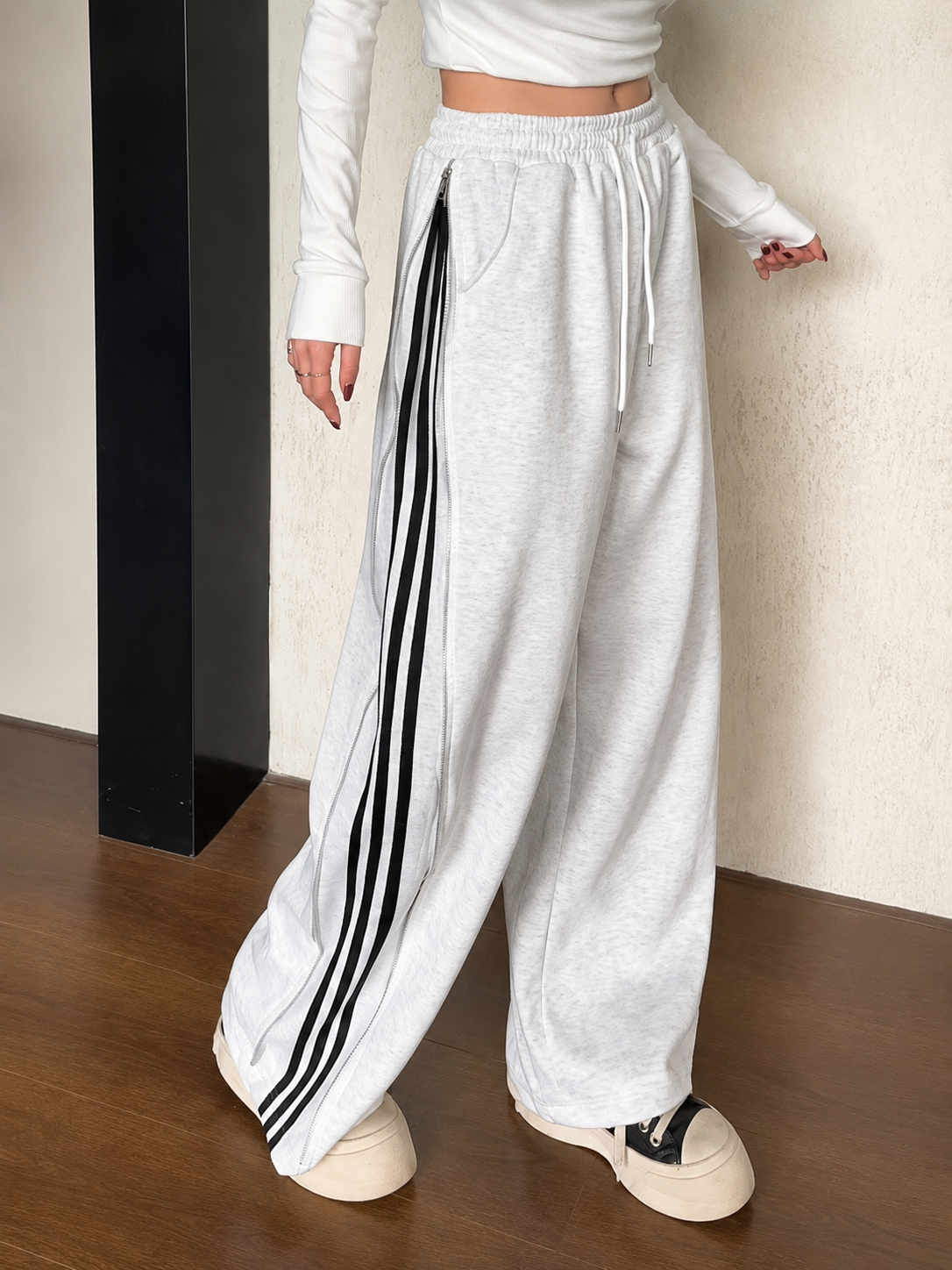 Wide-Leg Side-Zipper Striped Sweatpants