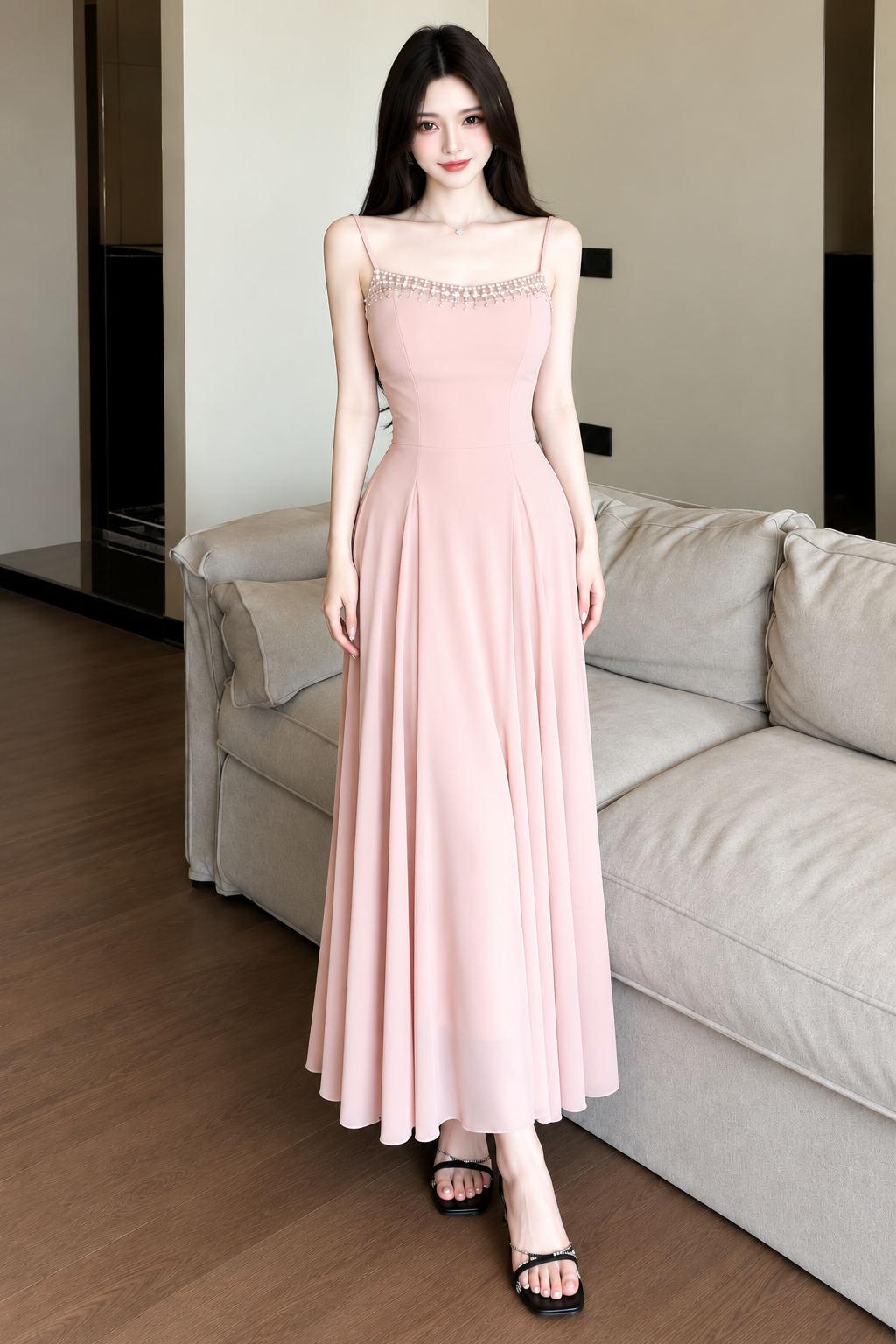Crystal Beaded Sweetheart Chiffon Maxi Dress