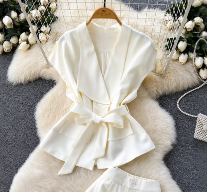 Belted Draped Vest and Wide-Leg Trousers Set